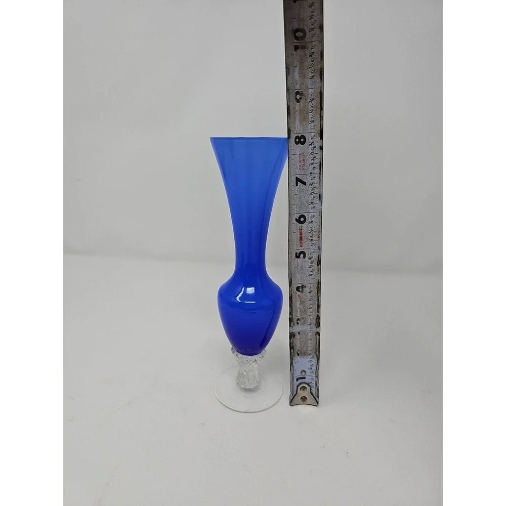 Cobalt Blue Glass Bud Flower Vase with Clear Stem Elegant Home Decor Centerpiece